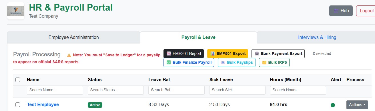 HR and payroll portal screenshot